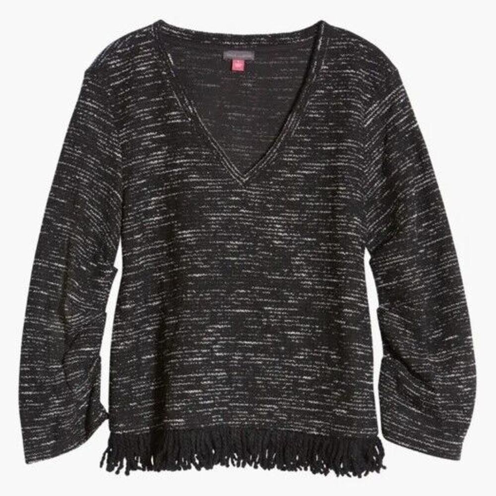 Vince Camuto Women Black Space-Dyed Knit Casual Fringe-Trim V-neck Top Size L